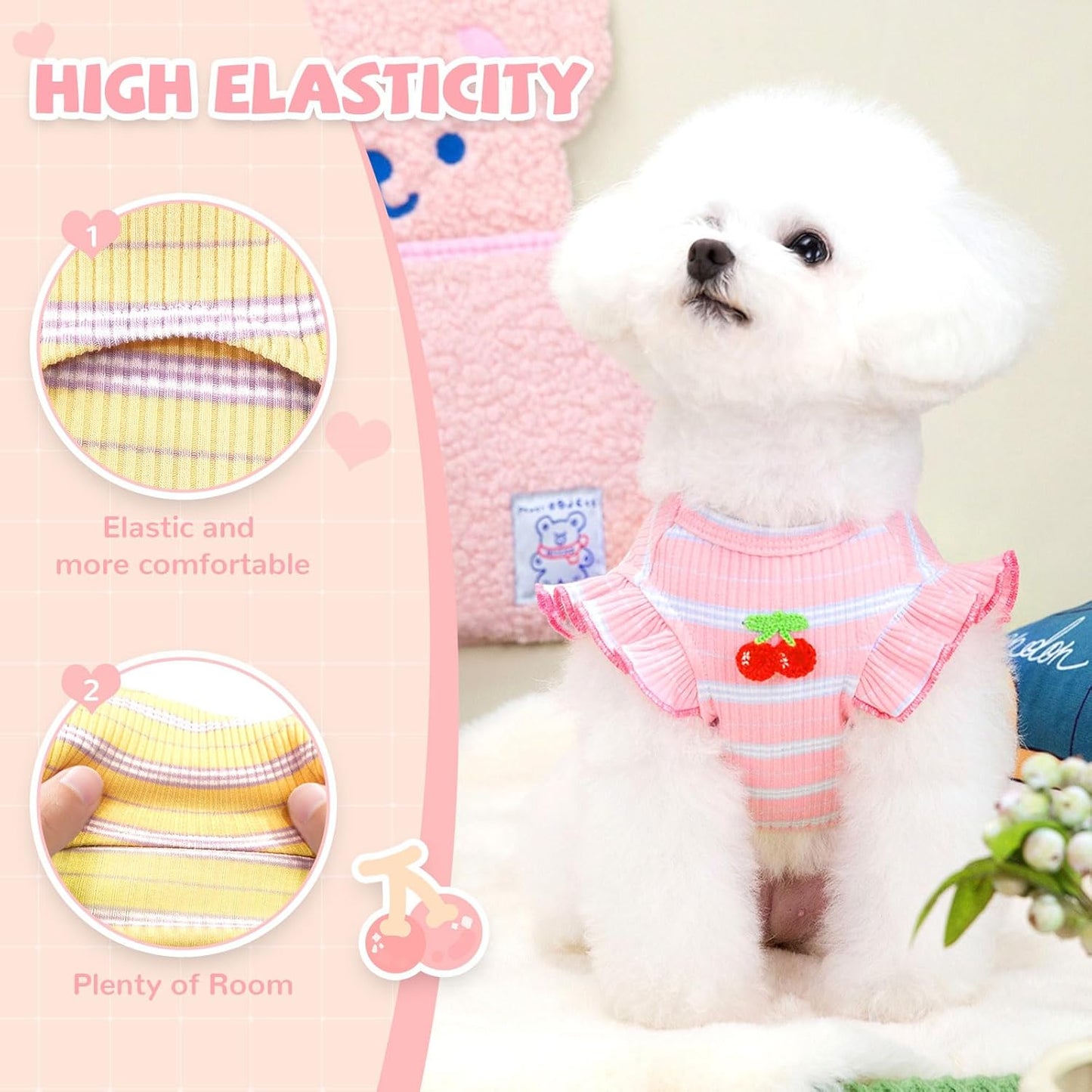 2 Pack Striped Dog T Shirt Cute Cherry Girl Dog Clothes for Small Dogs Cats Breathable Soft Cotton Pet Puppy Sleeveless Vest Spring Summer Doggy Outfits（Pink+Yellow,Small）