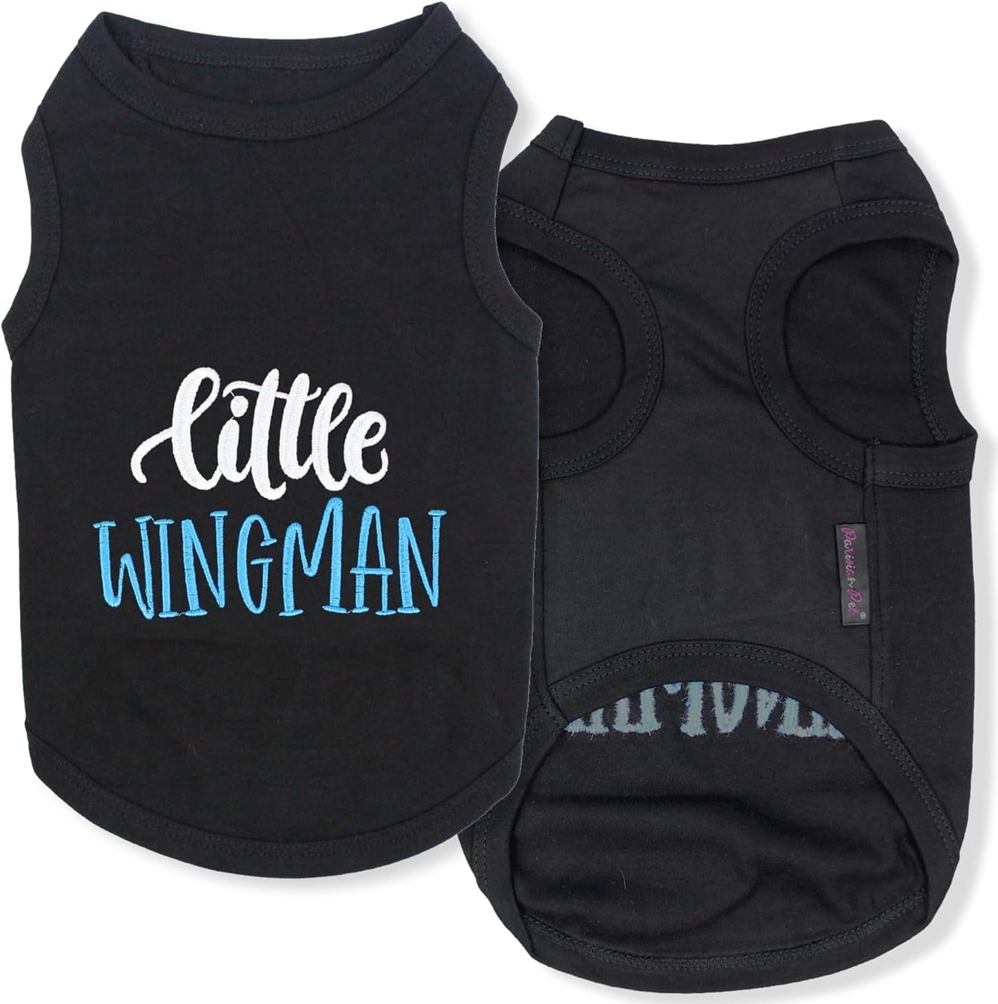 Parisian Pet Dog Tshirt - Embroidered “ Little Wingman “ Dog Shirt - Pure Cotton and Lightweight Dog Clothes - Sleeveless Black Dog Tee Shirts - Machine Washable Dog Shirts for Small Dogs - S