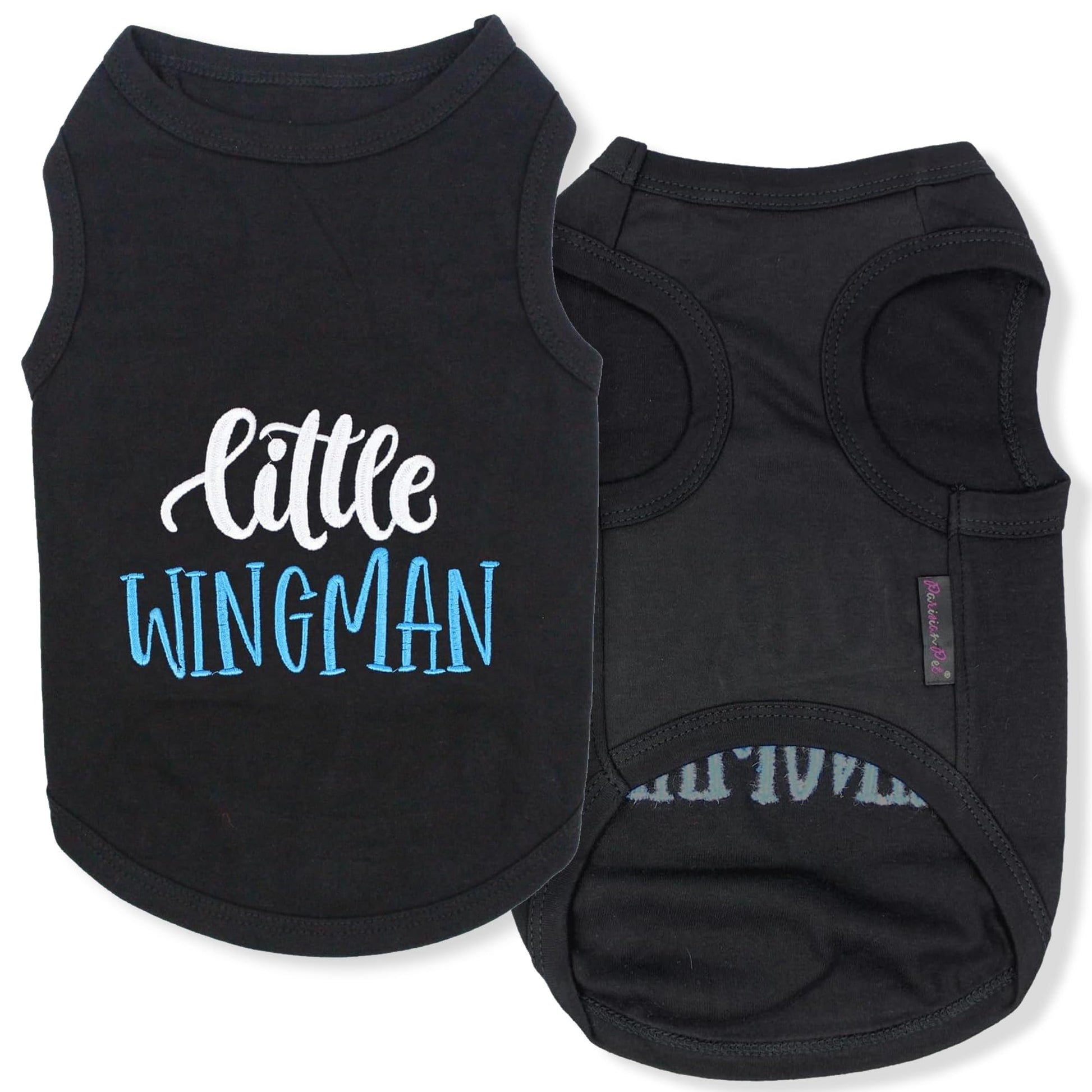 Parisian Pet Dog Tshirt - Embroidered “ Little Wingman “ Dog Shirt - Pure Cotton and Lightweight Dog Clothes - Sleeveless Black Dog Tee Shirts - Machine Washable Dog Shirts for Small Dogs - S