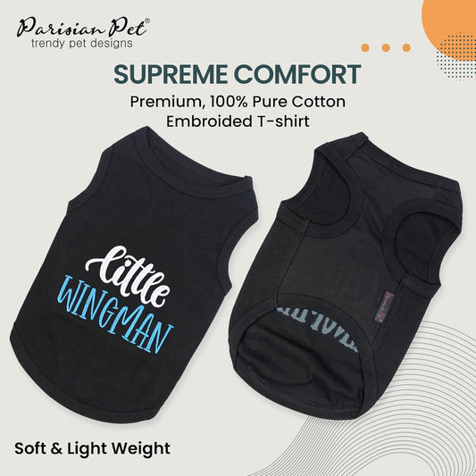 Parisian Pet Dog Tshirt - Embroidered “ Little Wingman “ Dog Shirt - Pure Cotton and Lightweight Dog Clothes - Sleeveless Black Dog Tee Shirts - Machine Washable Dog Shirts for Small Dogs - S
