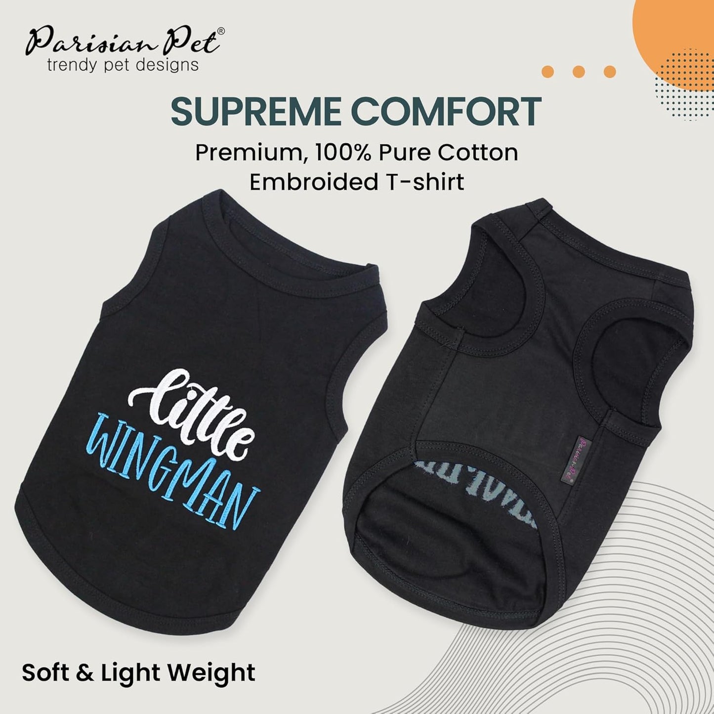 Parisian Pet Dog Tshirt - Embroidered “ Little Wingman “ Dog Shirt - Pure Cotton and Lightweight Dog Clothes - Sleeveless Black Dog Tee Shirts - Machine Washable Dog Shirts for Small Dogs - S