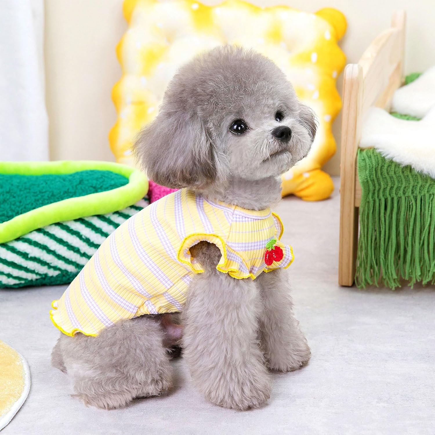 2 Pack Striped Dog T Shirt Cute Cherry Girl Dog Clothes for Small Dogs Cats Breathable Soft Cotton Pet Puppy Sleeveless Vest Spring Summer Doggy Outfits（Pink+Yellow,Small）