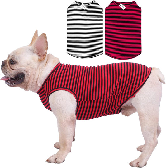 Dog Shirts Cotton Striped T-Shirts, Breathable Basic Vest for Puppy and Cat, Super Soft Stretchable Doggy Tee Tank Top Sleeveless, Fashion & Cute Color for Boys and Girls (M, Black+Red)