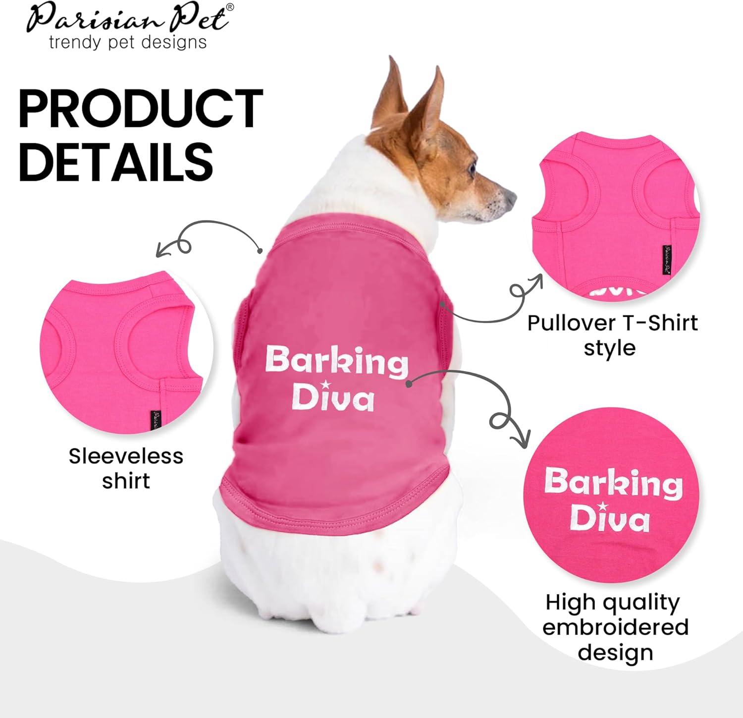 Parisian Pet Dog Tshirt - Embroidered “Barking Diva“ Girl Dog Clothes - Breathable and Lightweight Pet Vest - Sleeveless Pink Tee Shirts - Machine Washable Shirt for Medium Dogs - M