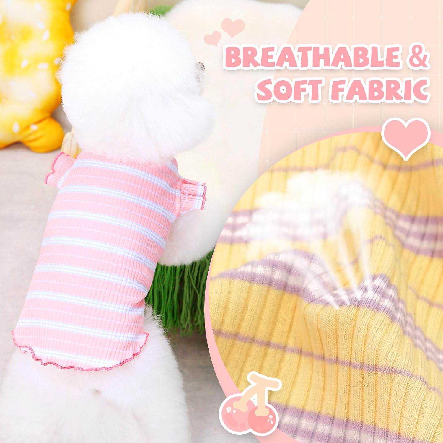 2 Pack Striped Dog T Shirt Cute Cherry Girl Dog Clothes for Small Dogs Cats Breathable Soft Cotton Pet Puppy Sleeveless Vest Spring Summer Doggy Outfits（Pink+Yellow,Small）