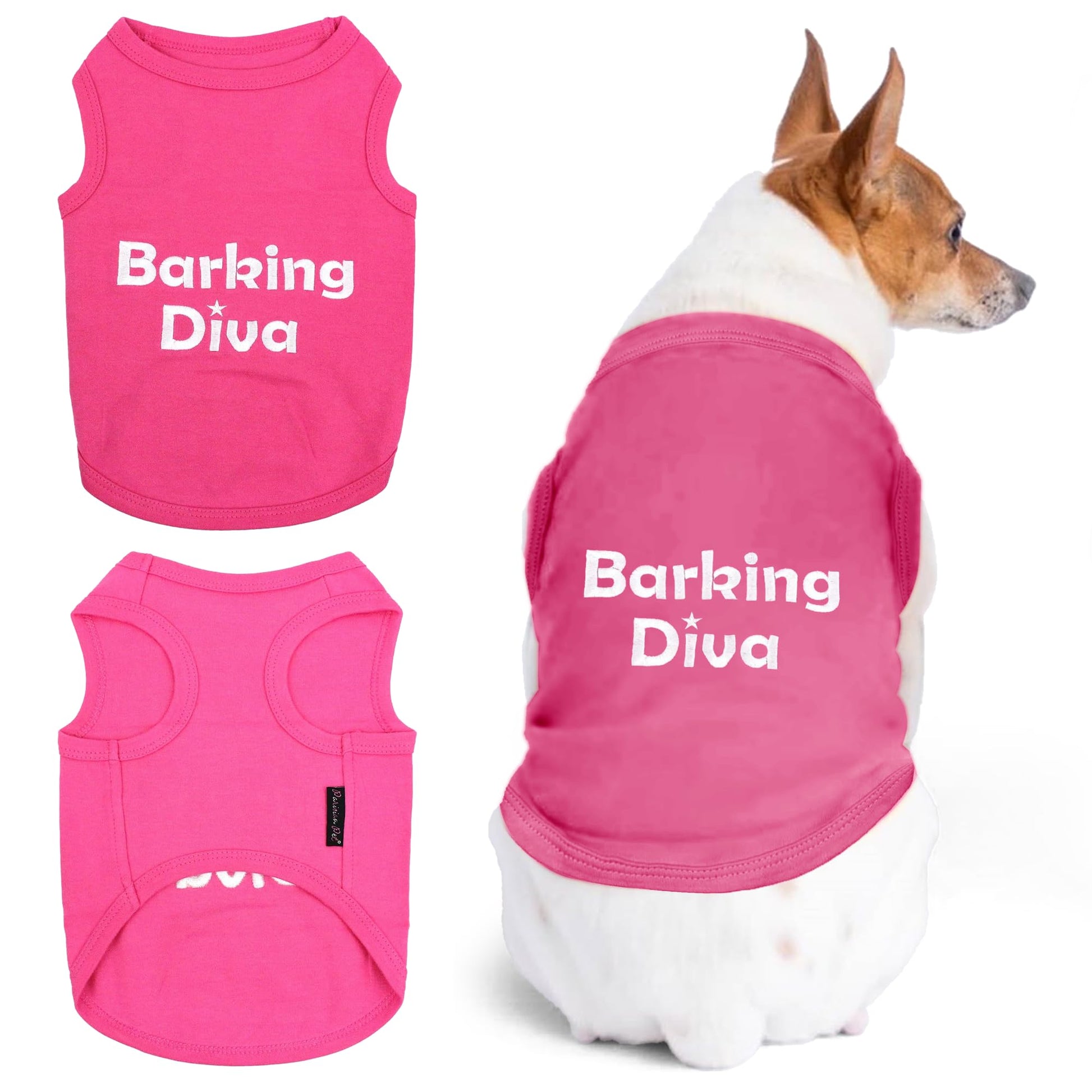 Parisian Pet Dog Tshirt - Embroidered “Barking Diva“ Girl Dog Clothes - Breathable and Lightweight Pet Vest - Sleeveless Pink Tee Shirts - Machine Washable Shirt for Medium Dogs - M
