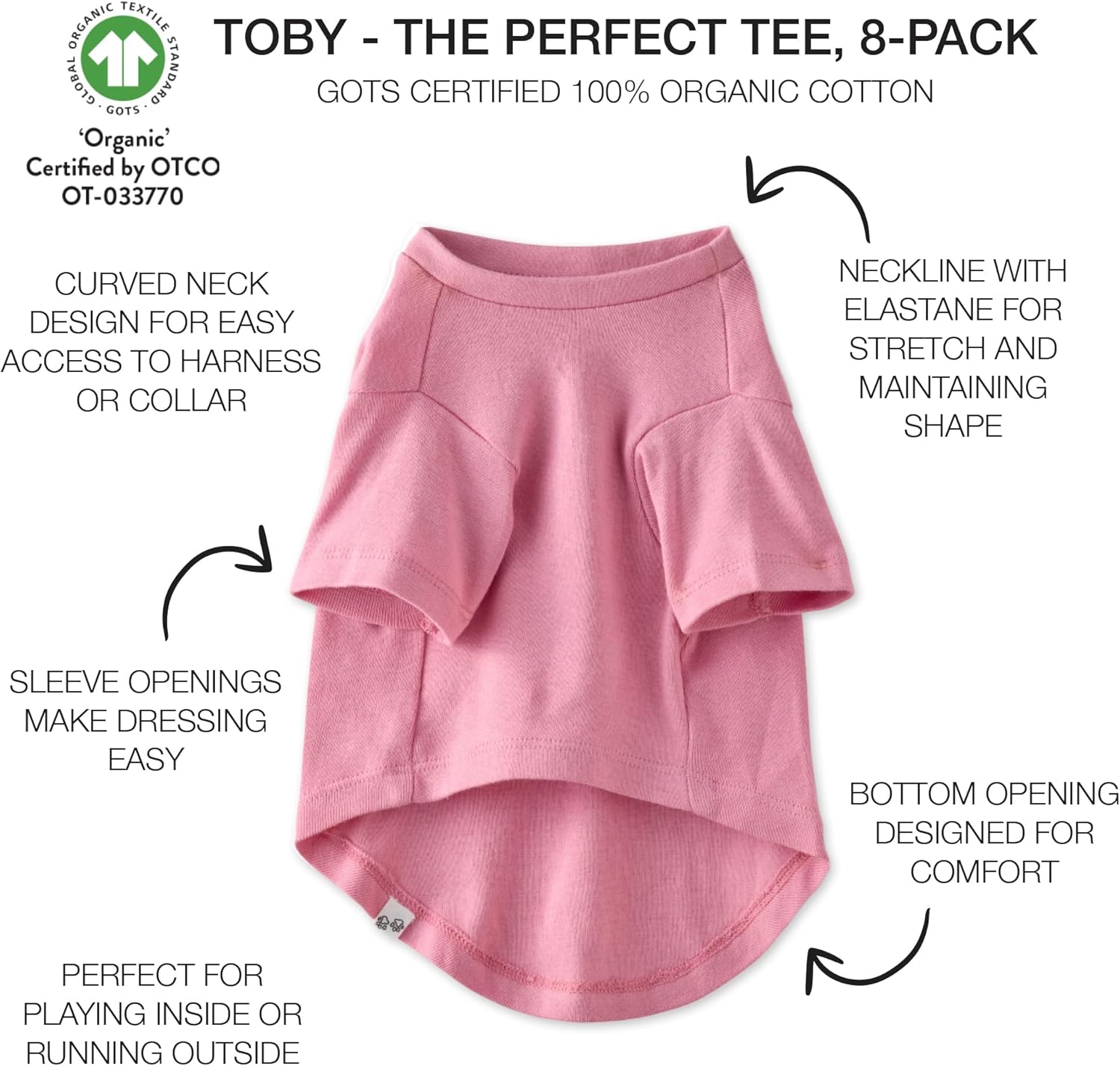 Multipack 100% Organic Cotton Dog Short Sleeve T-Shirt Pet Tees for All Breeds, Rainbow Pinks, XX-Small
