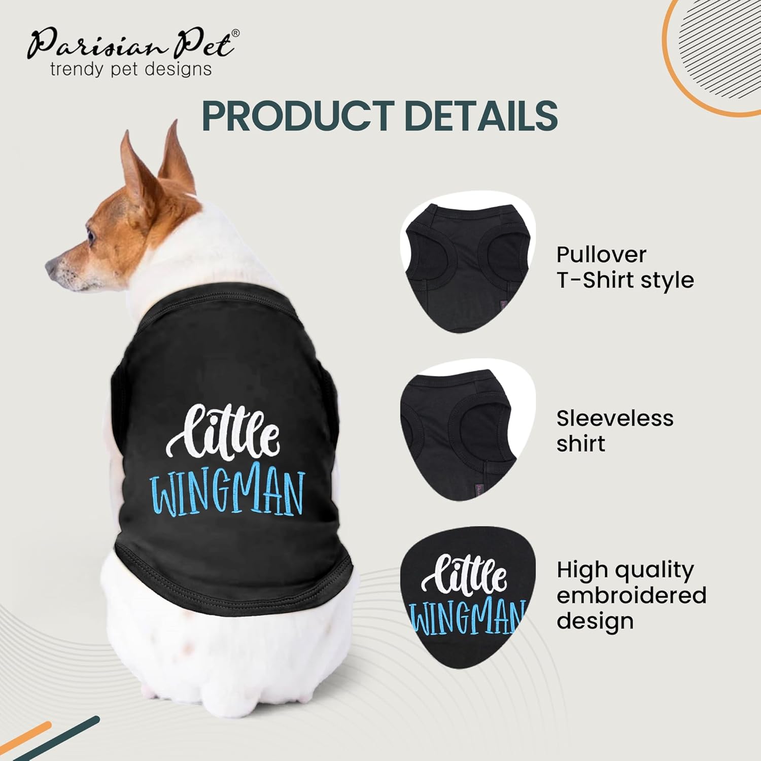 Parisian Pet Dog Tshirt - Embroidered “ Little Wingman “ Dog Shirt - Pure Cotton and Lightweight Dog Clothes - Sleeveless Black Dog Tee Shirts - Machine Washable Dog Shirts for Small Dogs - S