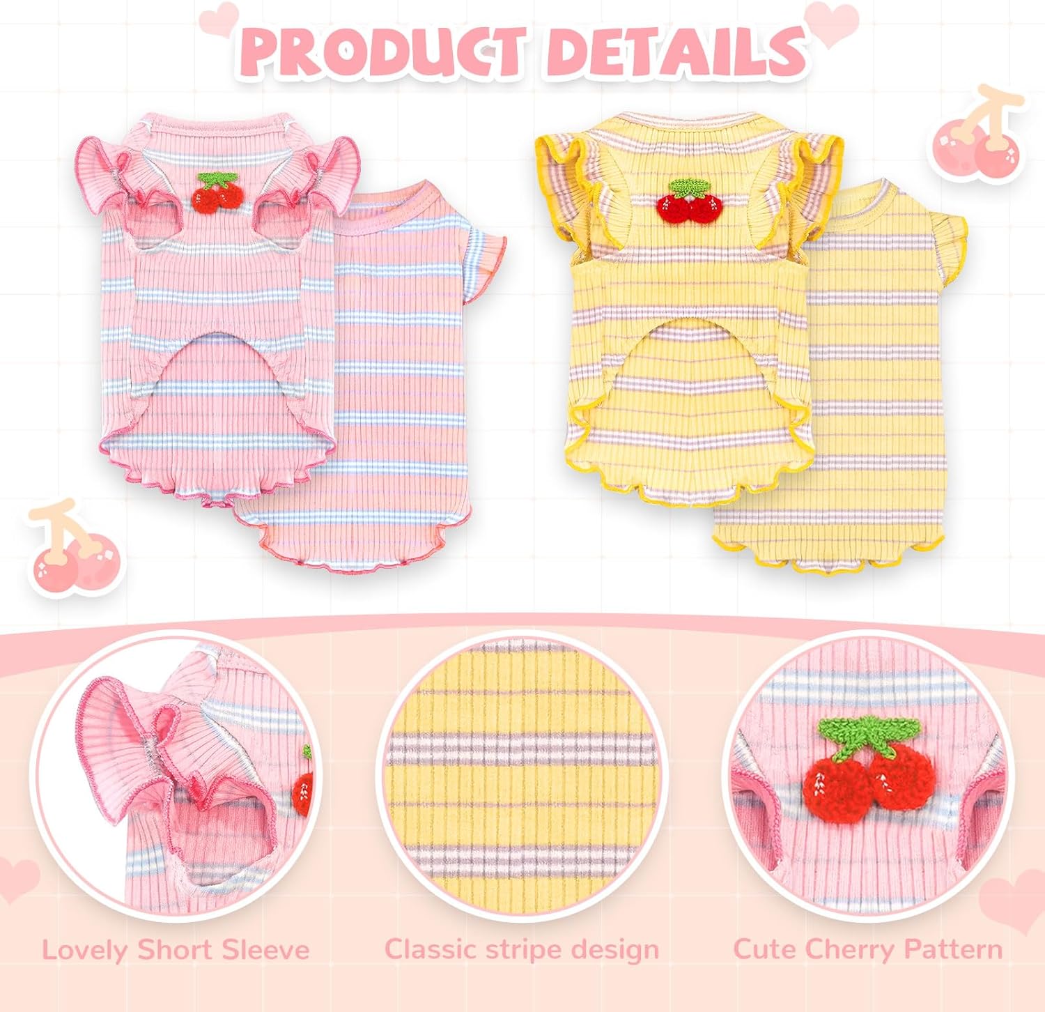 2 Pack Striped Dog T Shirt Cute Cherry Girl Dog Clothes for Small Dogs Cats Breathable Soft Cotton Pet Puppy Sleeveless Vest Spring Summer Doggy Outfits（Pink+Yellow,Small）