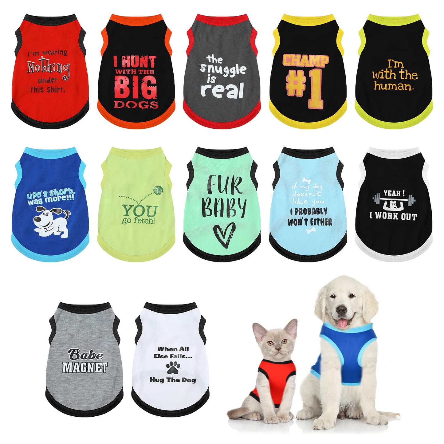 BBTO 12 Pieces Dog Shirts Pet Printed Clothes with Funny Letters Summer Pet T Shirts Cool Puppy Vest Breathable Dog Outfit Soft Cat Sweatshirt for Chihuahuas Cats Accessories, 12 Styles(Medium)