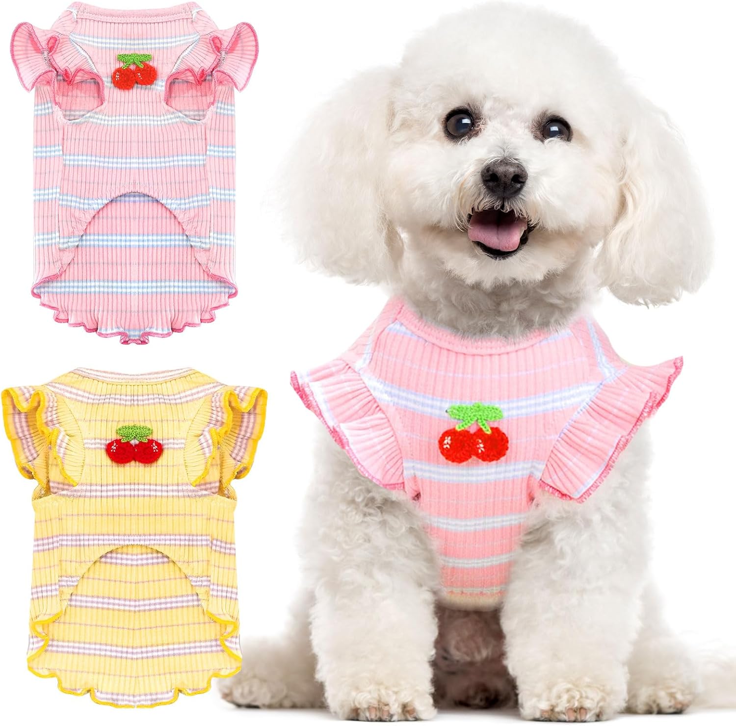 2 Pack Striped Dog T Shirt Cute Cherry Girl Dog Clothes for Small Dogs Cats Breathable Soft Cotton Pet Puppy Sleeveless Vest Spring Summer Doggy Outfits（Pink+Yellow,Small）
