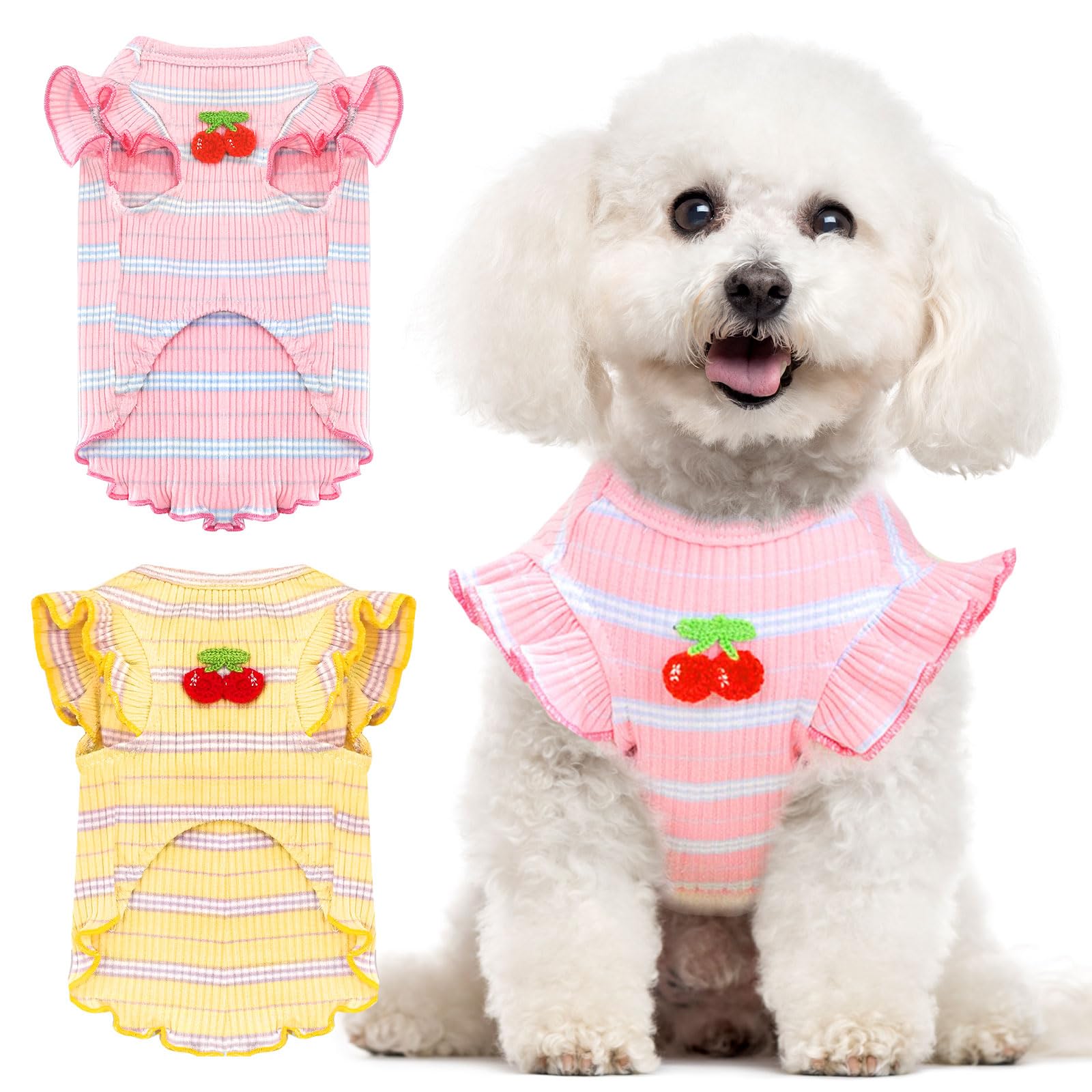 2 Pack Striped Dog T Shirt Cute Cherry Girl Dog Clothes for Small Dogs Cats Breathable Soft Cotton Pet Puppy Sleeveless Vest Spring Summer Doggy Outfits（Pink+Yellow,Small）
