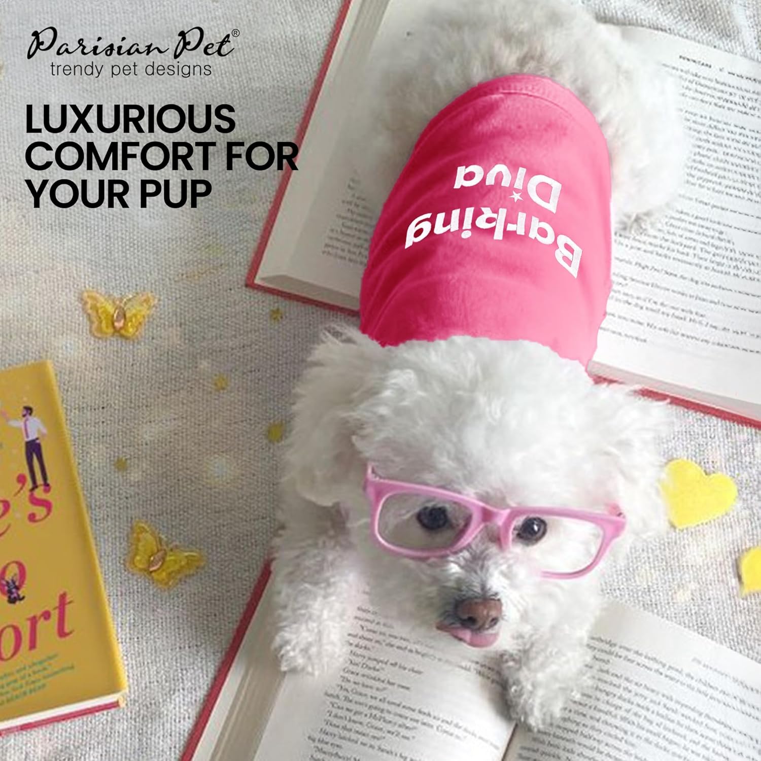 Parisian Pet Dog Tshirt - Embroidered “Barking Diva“ Girl Dog Clothes - Breathable and Lightweight Pet Vest - Sleeveless Pink Tee Shirts - Machine Washable Shirt for Medium Dogs - M