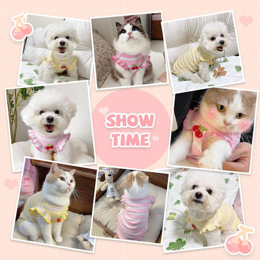 2 Pack Striped Dog T Shirt Cute Cherry Girl Dog Clothes for Small Dogs Cats Breathable Soft Cotton Pet Puppy Sleeveless Vest Spring Summer Doggy Outfits(Pink+Yellow,Small)