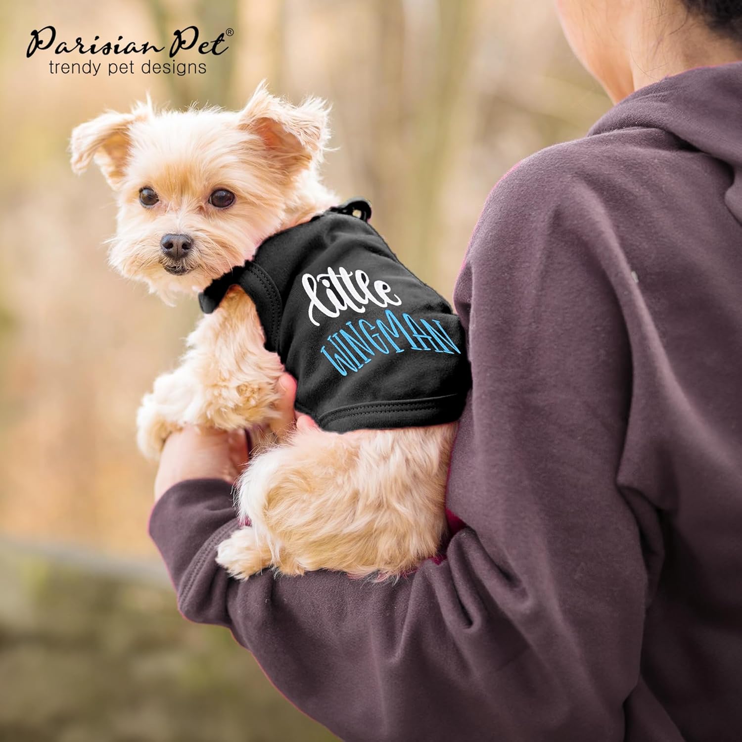 Parisian Pet Dog Tshirt - Embroidered “ Little Wingman “ Dog Shirt - Pure Cotton and Lightweight Dog Clothes - Sleeveless Black Dog Tee Shirts - Machine Washable Dog Shirts for Small Dogs - S