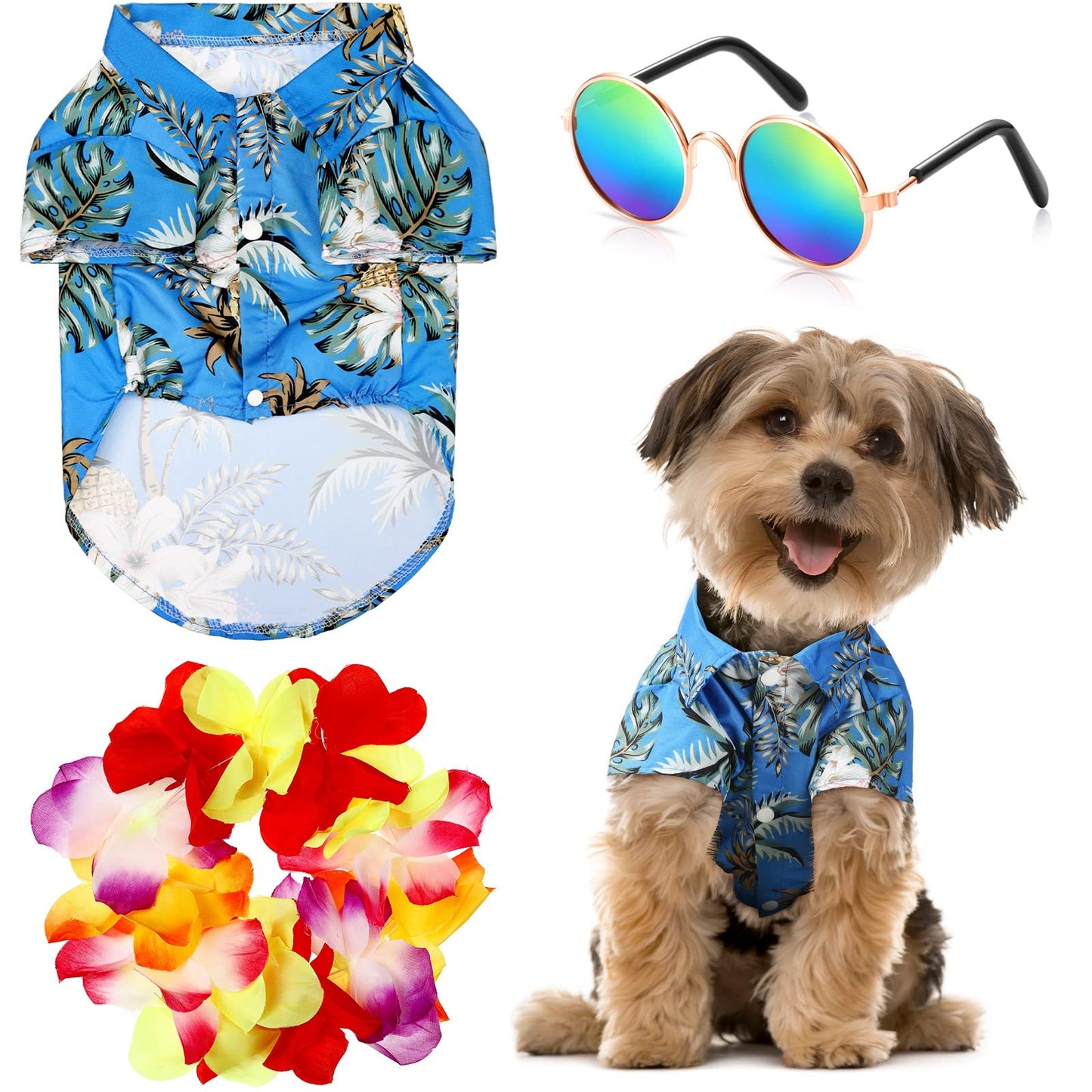3 Pieces Pet Dog Hawaiian Costume, Includes Puppy Cool T-Shirts Summer Clothes, Funny Cute Dog Retro Fashion Sunglasses and a Colorful Wreath for Small to Medium pet(Green Series)