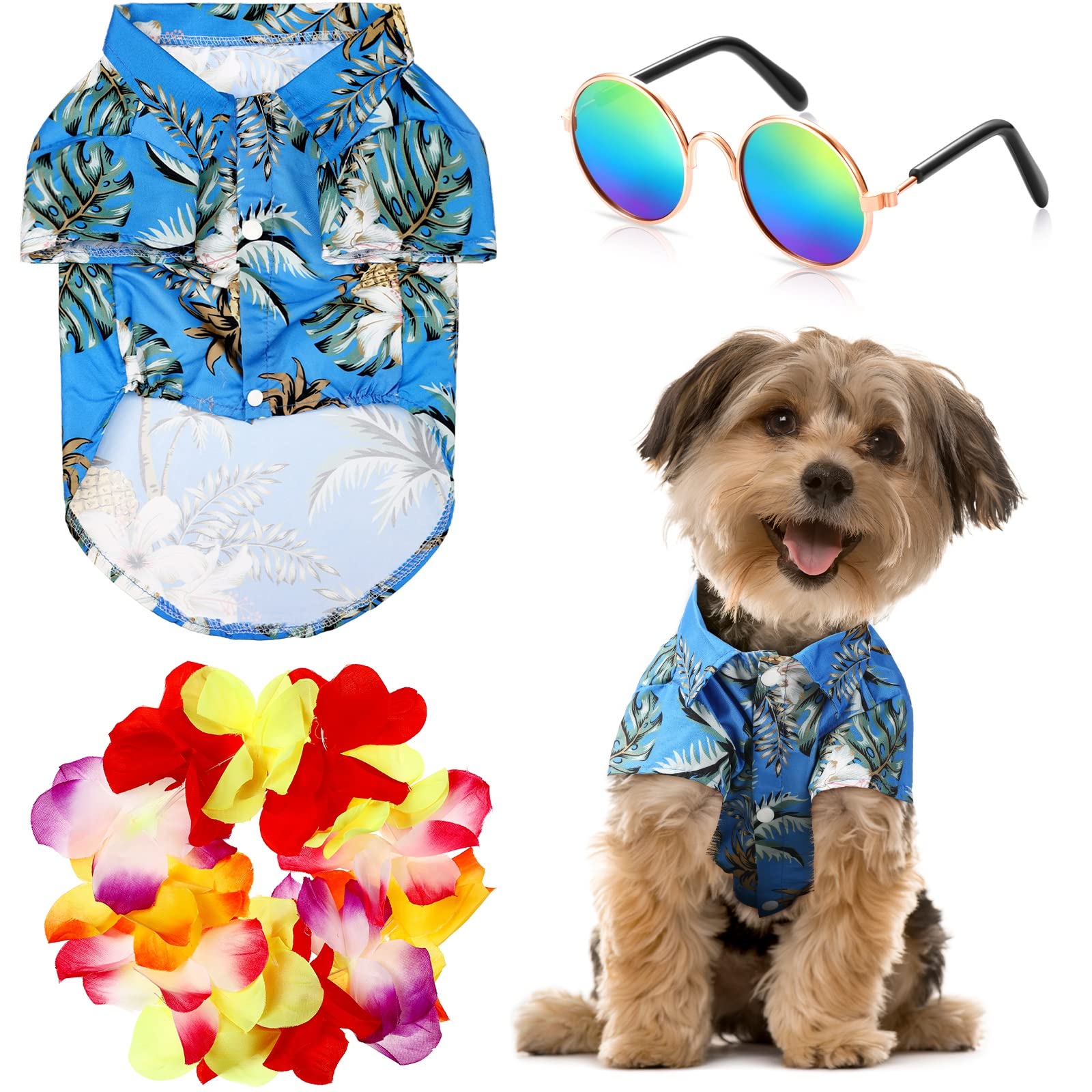 3 Pieces Pet Dog Hawaiian Costume, Includes Puppy Cool T-Shirts Summer Clothes, Funny Cute Dog Retro Fashion Sunglasses and a Colorful Wreath for Small to Medium pet(Green Series)