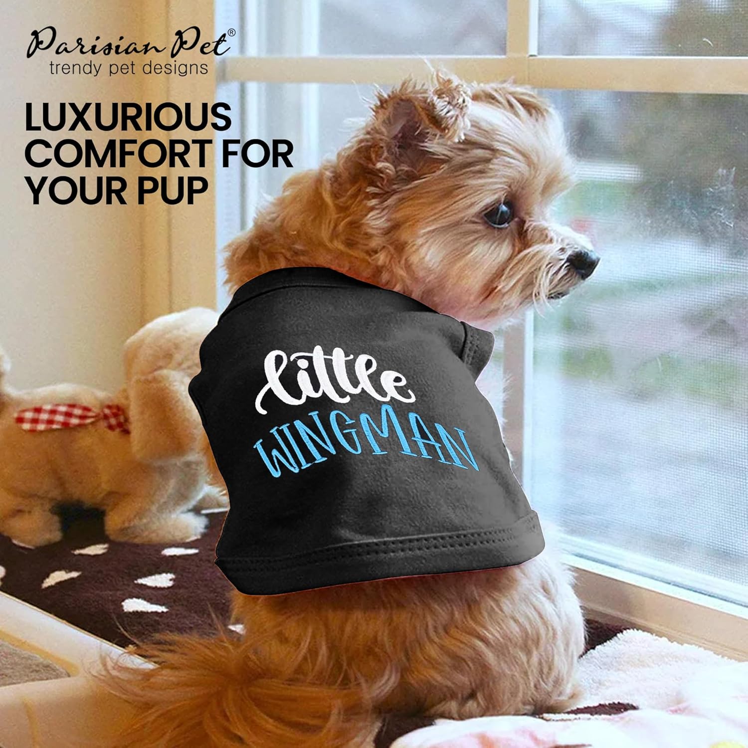 Parisian Pet Dog Tshirt - Embroidered “ Little Wingman “ Dog Shirt - Pure Cotton and Lightweight Dog Clothes - Sleeveless Black Dog Tee Shirts - Machine Washable Dog Shirts for Small Dogs - S